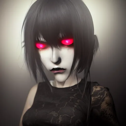 Image similar to full shot portrait of angry darkness anime girl, gothic wearing, worrying eyes, inspired by Tim Burton, detailed, unreal engine 4k volumetric light, fog,