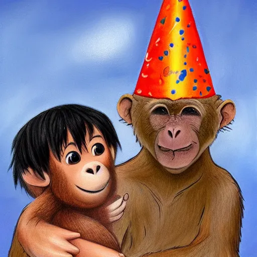 Image similar to realistic Mowgli hugging a monkey wearing a birthday hat, birthday, happy, hyper realistic, highly detailed