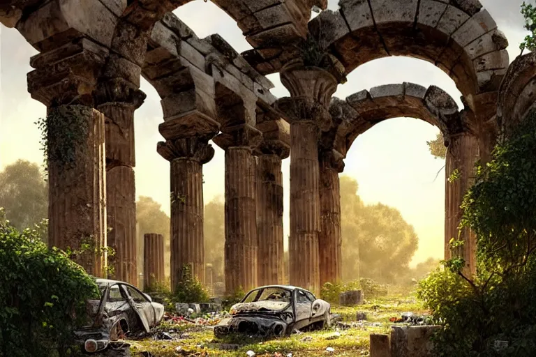 Image similar to tree growing in ancient greek ruins, gray wasteland, many scrap cars, trash, rubble, overgrown, pillars and arches, flowers, vines, hyperrealistic, highly detailed, cinematic, single ray of golden sunlight, beautiful, cgssociety, artstation, 8 k, oil painting by greg rutkowski, by artgerm, by wlop