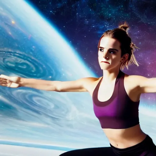 Image similar to emma watson as yoga instructor in space, trending high quality art station, cinematic shot, magical colors and atmosphere, perfect composition, coherent, 8 k