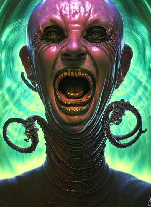 Image similar to masterpiece portrait of an screaming alien priest, surrounded by chromatic liquid swirls, psychedelic, dramatic lighting, h. r. giger, greg rutkowski, alphonse mucha, artgerm, donato giancola, tom bagshaw, trending on cgsociety, octane render, 8 k