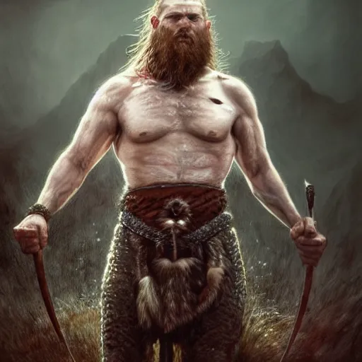 Prompt: Official photo of a majestic fierce viking man, leader, fear, scarred, highly detailed, viking attire, cinematic, 16k, 1080s, by Stanley Artgermm, Tom Bagshaw, Greg Rutkowski, Vincent di Fate, Carne Griffiths, Ayami Kojima, WLOP, trending on DeviantArt, hyper detailed, full of color, digital art,