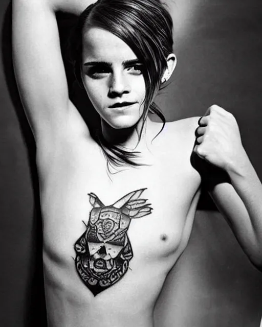 Image similar to emma watson, dope tattoo, hyperrealistic