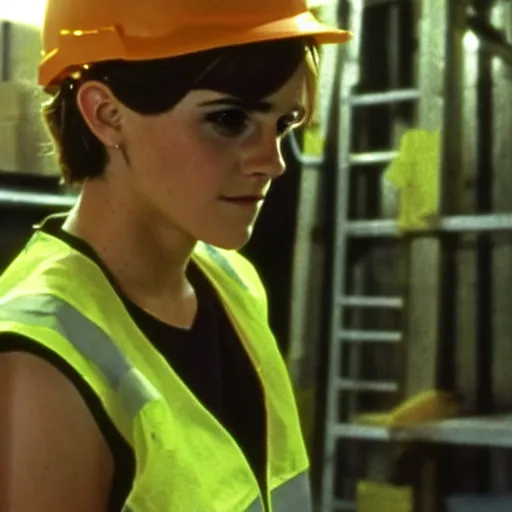 Image similar to photo, close up, emma watson in a hi vis vest, in warehouse, android cameraphone, as seen in 1 9 6 8 action movie, 2 6 mm,