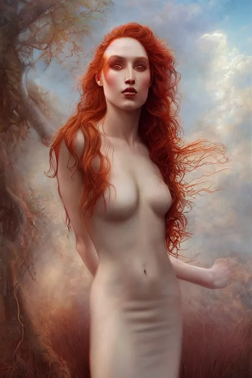 Prompt: ultra realist soft painting of a single beautiful mythical goddess in a full long curvy slim dress, thin long auburn hair, symmetry accurate features, very intricate details, volumetric lighting, by Tom Bagshaw Boris Vallejo