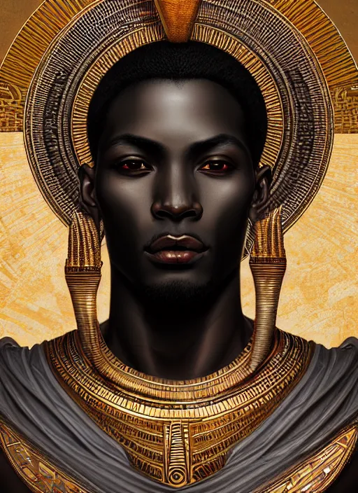 Image similar to close up portrait khonsu moon god, egyptian symbolism, dark black skin, no pupils, handsome sub - saharan african man by artgerm, cushart krenz, greg rutkowski, mucha. art nouveau. gloomhaven, pale colors, sharp edges. ultra clear detailed. 8 k. elegant, intricate, octane render