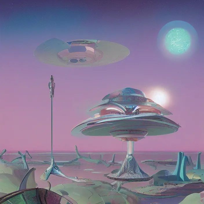 Image similar to tropical spacecraft, science fiction, extremely detailed, pastel colors, intricate, hard light, illustration, volumetric lighting, digital painting, by roger dean, by santiago calatrava, by simon stalenhag