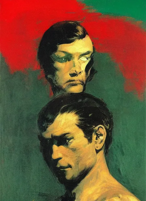 Image similar to portrait of noble fencer, coherent! by mariusz lewandowski, by frank frazetta, deep color, strong line, red green black teal, minimalism, high contrast