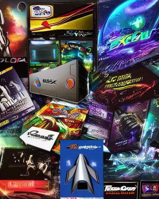 Prompt: Various graphics card box art late 90s early 2000s graphics card boxes box art 90s 2000s y2k futuristic cheesy metallic alien cgi motion blur voodoo graphics cyborg pc gaming liquid silver millennium nvidia ati elsa hercules prophet