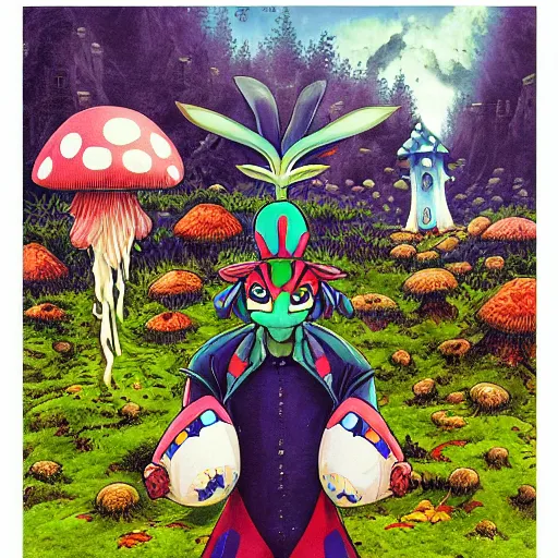 Image similar to 4 k headshot portrait of a psychedelic demonic anthropomorphic bunny rabbit with mushroom themed clothes, magic mushroom village in background by jeff easley, award winning, stylized neon, post - processing, masterpiece, superb resolution. in the art style of junji ito and greg rutkowski. detailed mushroom city in background. hyper realistic anime. perfect art. dalle 2