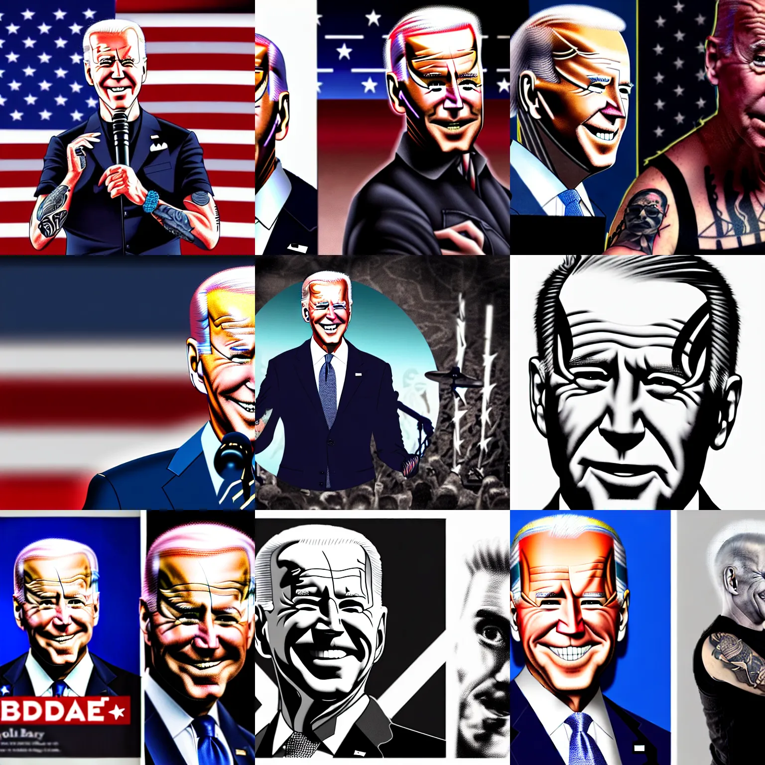 Prompt: digital art of joe biden with a mohawk hairstyle and lots of tattoos performing in a metal band