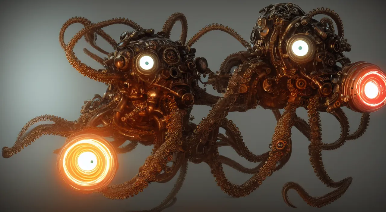 Image similar to steampunk mechanical octopus with glowing emissive eyes hyperrealistic emissive beautfiul artstation portfolio trending Ryan Church concept mist cyberpunk 2077 hardsurface modeling