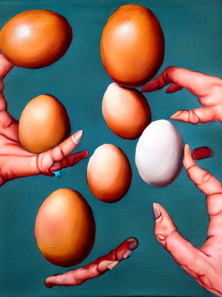 Prompt: a perfect hyperrealist painting of an egg, and a human hatching out. the human has eight arms and each finger is as long as the whole egg. broken eggshell shrapnel is causing some trauma.