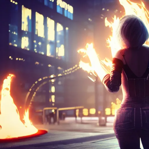 Prompt: variation young blonde woman from behind with flames dancing on her hands with a long jacket in a cyberpunk city, realistic, high definition, 4K, shimmering color, art of unreal engine 5