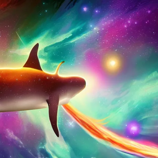 Image similar to digital illustion of a majestic cosmic narwhal swimming through a nebula in space, deviantArt, artstation, artstation hq, hd, 4k resolution