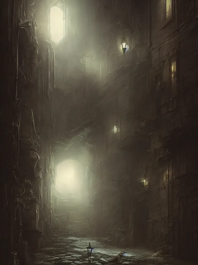 Image similar to a detailed matte painting of a nightscene with a dark alley at the end an illuminated door in the style of greg rutkowski