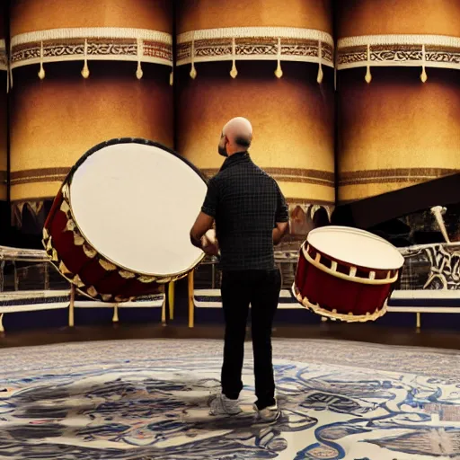 Image similar to bald arab guy with a beard playing a drum solo on a large drum kit, cinematic style, symmetric, highly detailed, ornate, intricate, realistic