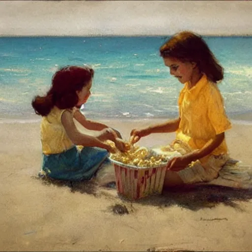 Image similar to (((((1950s girls eating popcorn at the beach . muted colors.))))) by Jean-Baptiste Monge !!!!!!!!!!!!!!!!!!!!!!!!!!!