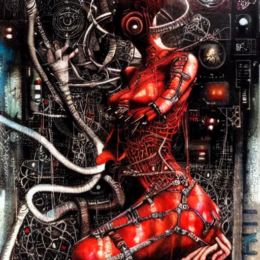 Image similar to depraved cybernetic vampire trapped in circuitry, intricate detail, miro, royo, whealan,