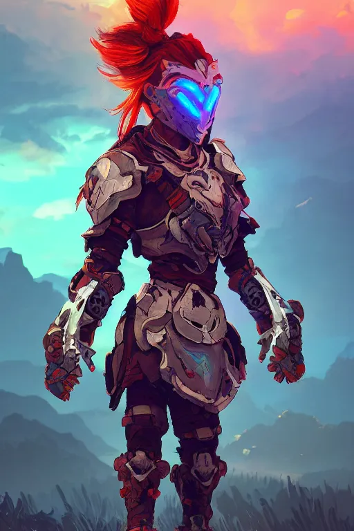 Image similar to combination suit armor aloy horizon forbidden west horizon zero dawn radiating a glowing aura global illumination ray tracing hdr fanart arstation by ian pesty and alena aenami artworks in 4 k tribal robot ninja mask helmet backpack