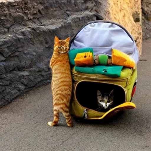 Prompt: no man's but cats as travellers