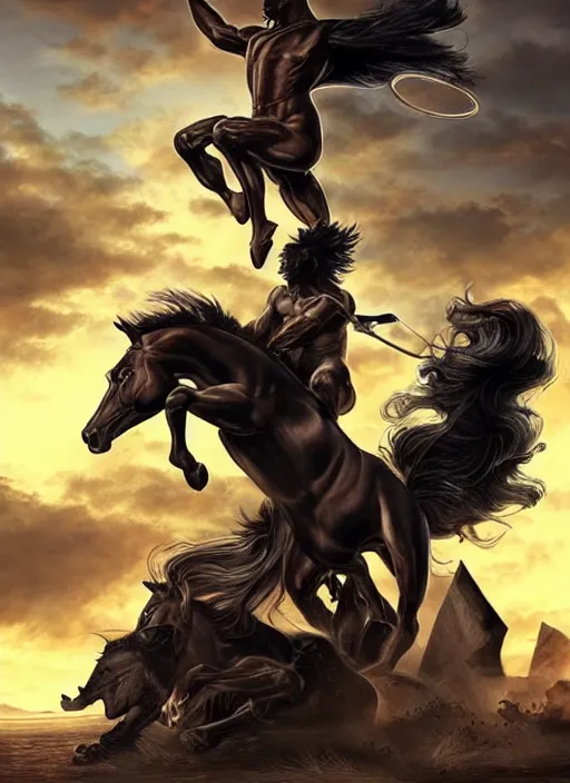 Prompt: the singular horseman of the apocalypse is riding a strong fierce ferocious black stallion, horse is up on its hind legs, the strong male rider is carrying the scales of justice, beautiful artwork by artgerm and rutkowski, breathtaking, beautifully lit, dramatic