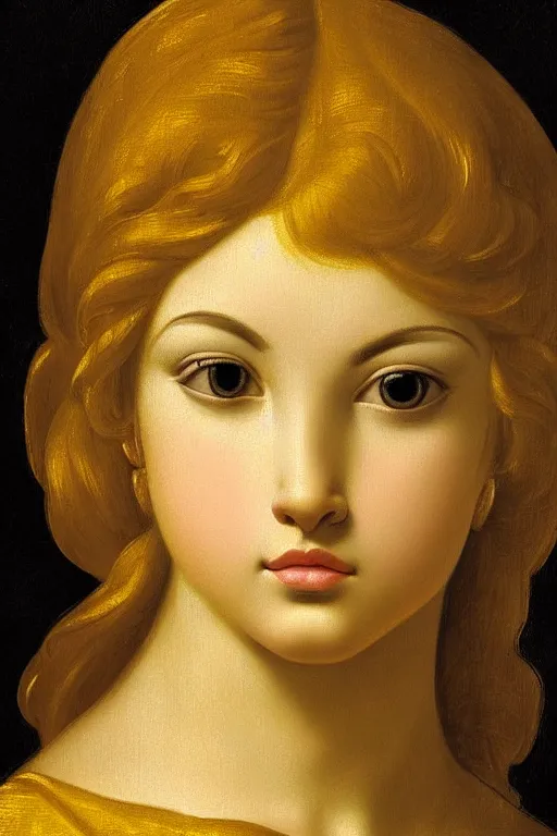 Image similar to Beautiful girl, calm face, closeup, ultra detailed, made in gold, Guido Reni style