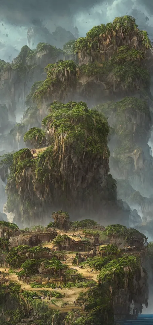 Image similar to skull Island, wooden fortress wall on a tropical island with ruff shore cliffs,landscape, raphael lacoste, eddie mendoza, alex ross, john howe, concept art, matte painting, highly detailed, rule of thirds, dynamic lighting, cinematic, detailed, denoised, centerd, clean render