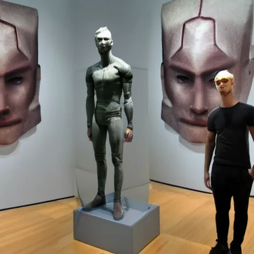 Prompt: a realistic detailed photo of a guy who is an attractive humanoid who is half robot and half humanoid, who is a male android, twitch streamer ninja tyler blevin, shiny skin, posing like a statue, blank stare, at the museum, on display