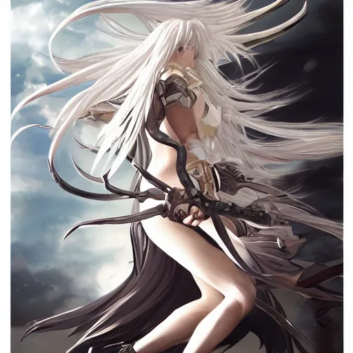 Image similar to full body character design character design of an anime girl with long white hair wearing Elden Ring armor with engraving in the style of Yoji Shinkawa, expressive brush strokes, hairs fluttering on the wing, noisy film grain effect, highly detailed, Renaissance oil painting, weird portrait angle, blurred lost edges, three quarter view