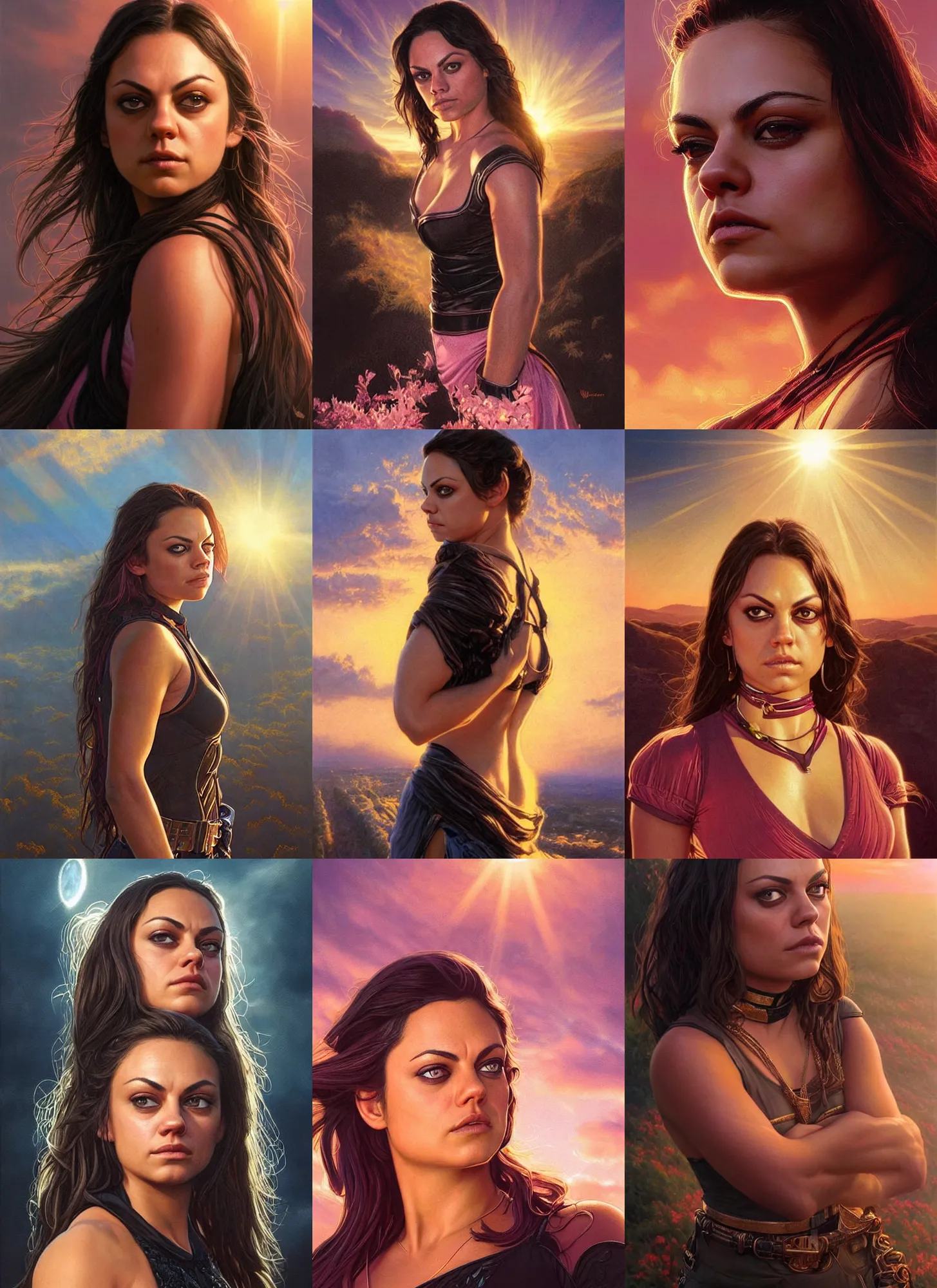 Image similar to epic portrait of Mila Kunis wearing black choker, a very strong muscled Amazon heroine, sun beams across sky, pink golden hour, intricate, elegance, highly detailed, shallow depth of field, epic vista, concept art, art by Artgerm and Donato Giancola, Joseph Christian Leyendecker