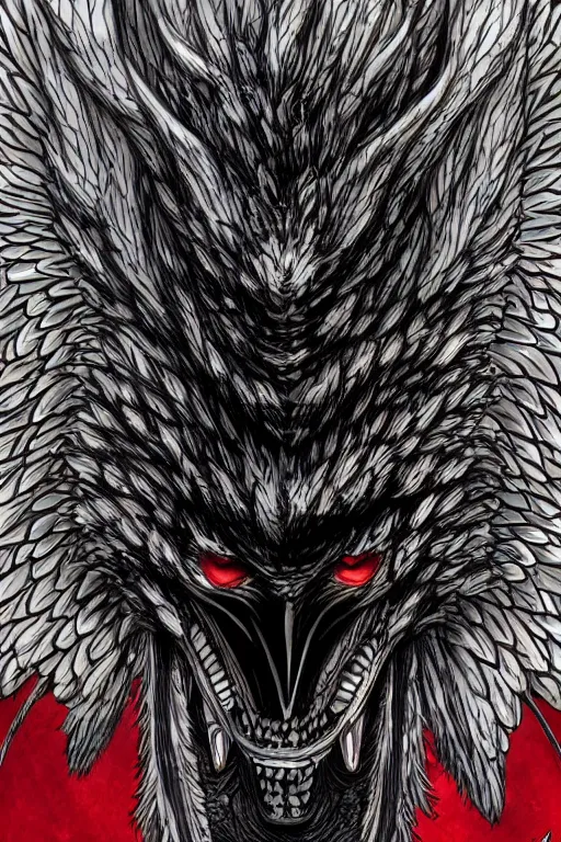 Image similar to crow devil, red eyes, highly detailed, digital art, sharp focus, trending on art station, kentaro miura manga art style