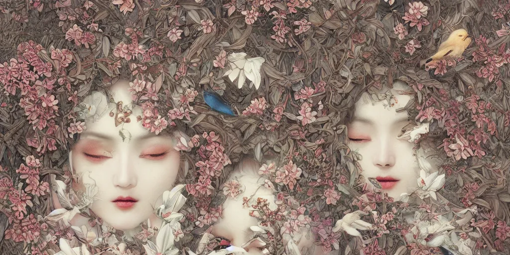 Image similar to breathtaking detailed concept art painting art deco pattern of faces goddesses of white flowers with anxious piercing eyes and blend of flowers and birds, by hsiao - ron cheng and john james audubon, bizarre compositions, exquisite detail, extremely moody lighting, 8 k