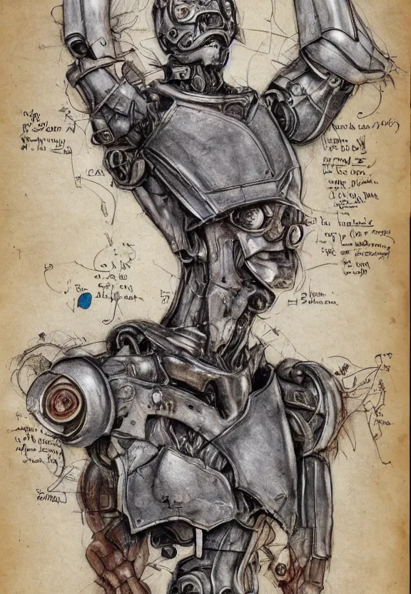 Prompt: fantasy, symmetrical human face, robot wearing cowboy hat, vascularity, plant armour, muscular, large camera eyes, realistic, torso and head, bust, diagram, sketchbook, greys anatomy book, sketches, on old distressed parchment paper, watercolour, by brian froud