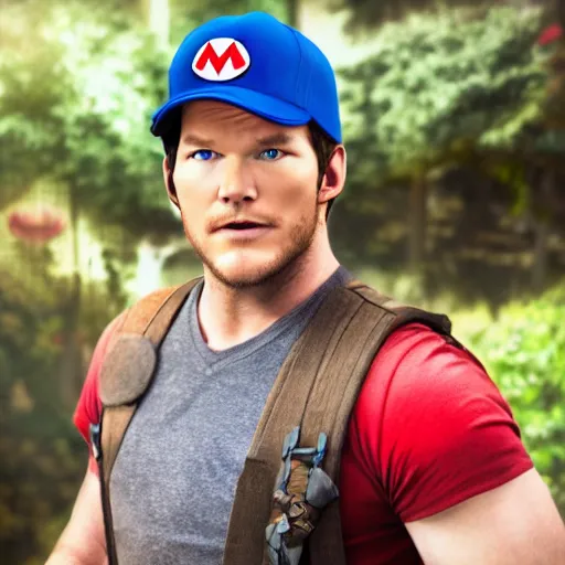 Image similar to Chris pratt as live action mario, mario hat, 4k headshot photography