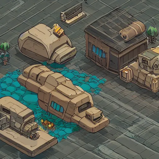 Prompt: abandoned dystopian dusty mecha town, isometric game asset, studio ghibli, itch io, sprite
