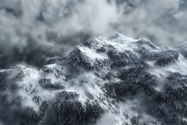 Prompt: taking from above, snowcapped mountain with lots of fog, high detail, photorealistic, good lighting, unbelievable.