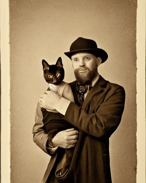Image similar to gentlemen wearing a hat and wearing a baby sling on the back with a kitten in the sling, studio portrait, golden ratio, backlit, steampunk