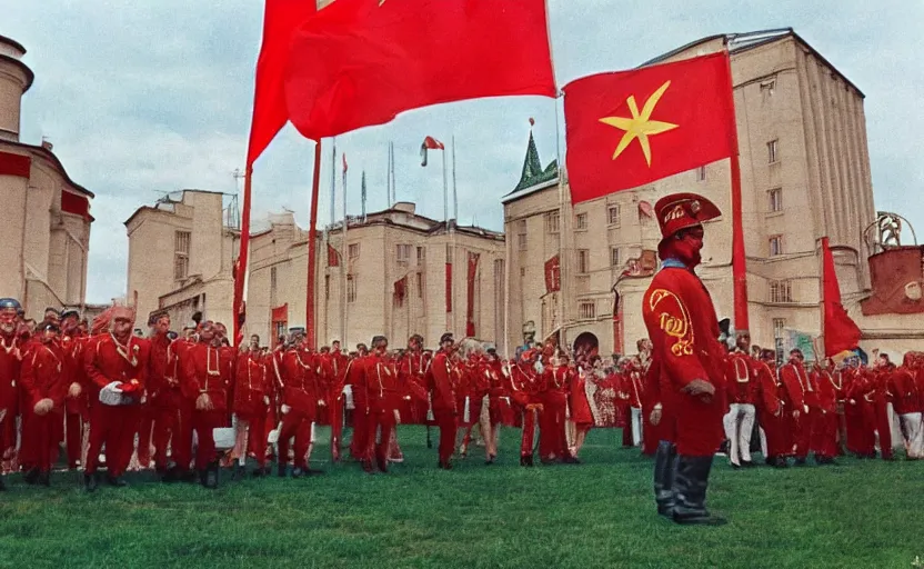 Prompt: 60s movie still of a soviet's ceremony with CCCP flags and a large bronze statue of Karl Marx stanilist style palace backround, by Irving Penn , cinestill 800t 35mm eastmancolor, heavy grainy picture, very detailed, high quality, 4k, HD criterion, precise texture