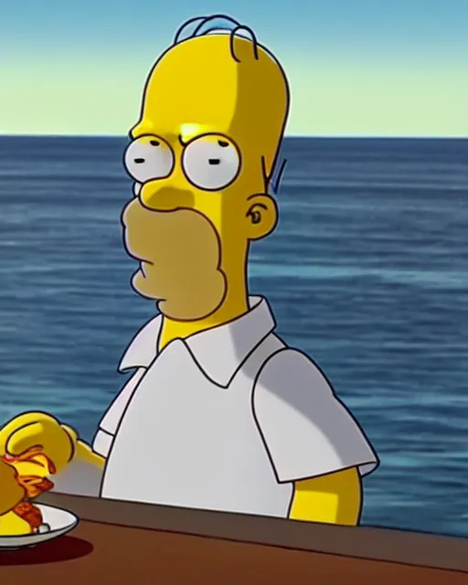 Image similar to film still close - up shot of homer simpson eating eggs on the beach from the tv show rick & morty. photographic, photography