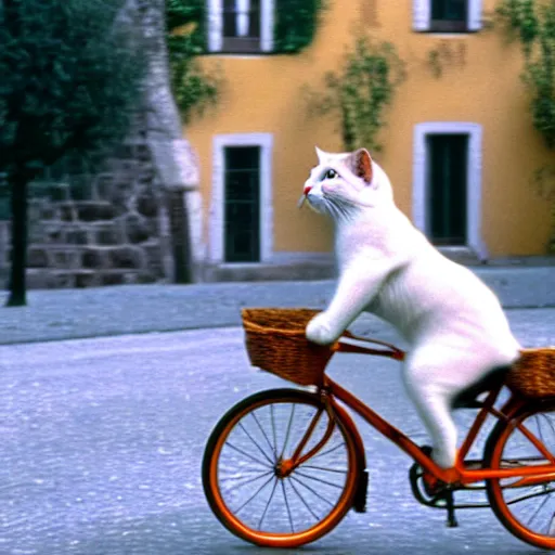 Prompt: a white cat riding a bicycle, austria, film still, sound of music, 4 k, 8 k