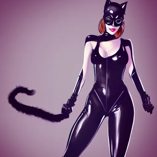 Prompt: Full-body portrait of Emma Stone as catwoman, trending on Artstation, realistic studio lighting, realistic shadows, by Jen Jung, by WLOP, by Lisa Ericson