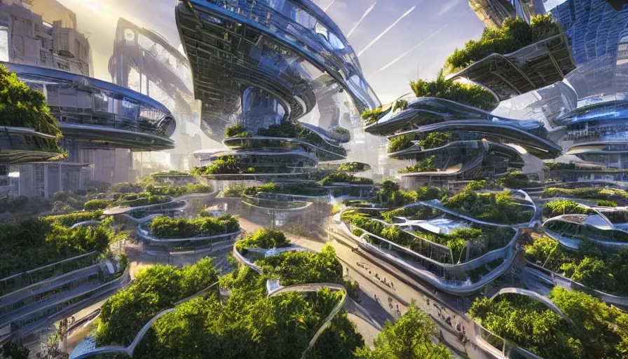 Prompt: Sunrise over solar punk city, many trees and plants, flying cars, busy streets filled with pedestrians, sun rays, vines, vertical gardens, utopia, beautiful glass and steel architecture, extreme detail, futuristic