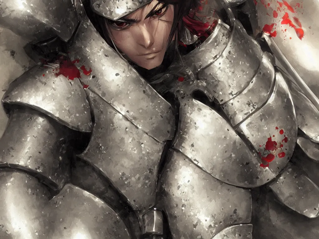 Prompt: close up of a wounded samurai in full armor, by fiona staples and range murata