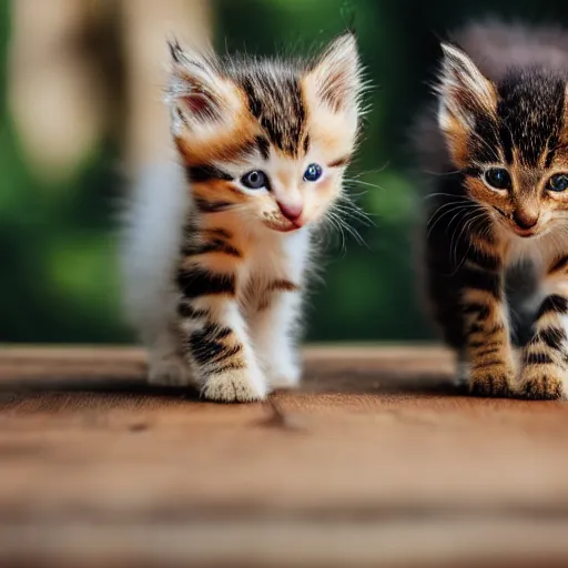 Image similar to macro photograph of tiny kittens walking on a wood table