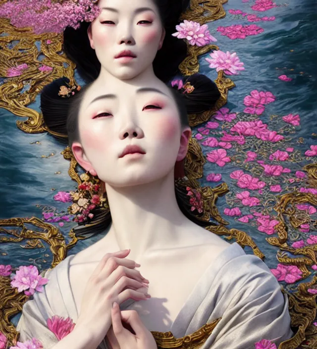 Prompt: baroque portrait of one yakusa tattooed geisha woman of porcelain skin with biomechanic organic elements connected is lying down in a river made of thousand of flowers, cinematic lighting, photorealistic, octane render, 8 k, depth of field, art by artgerm and greg rutkowski and alphonse mucha and uang guangjian
