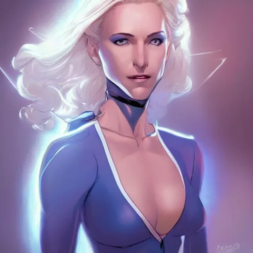 Image similar to portrait of emma frost, a beautiful woman in her 3 0 s with white blonde hair and blue eyes dressed in a fashionable white suit, detailed face, delicate features, smooth, sharp focus, graphic novel, art by artgerm and greg rutkowski and pepe larraz,