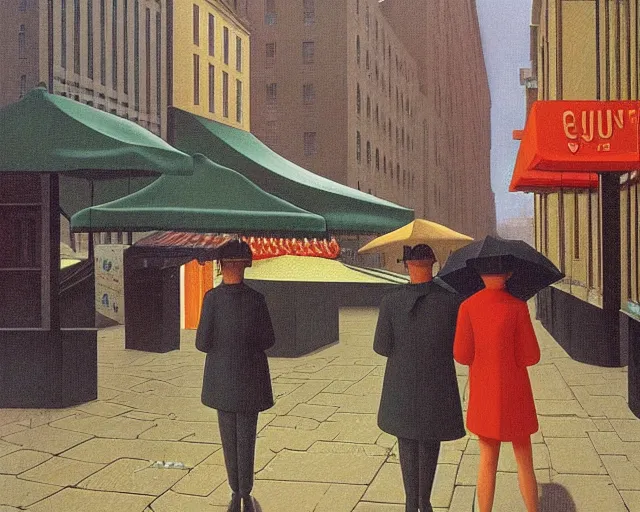 Image similar to street with food stands in a cyberpunk city on a rainy melancholy night by rene magritte