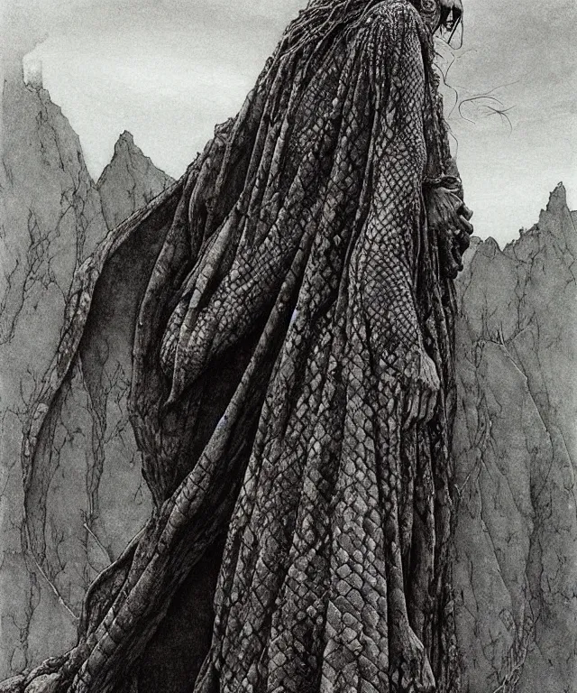 Image similar to A detailed snakewoman stands among the hills. Wearing a ripped mantle, robe. Extremely high details, realistic, fantasy art, solo, masterpiece, art by Zdzisław Beksiński, Arthur Rackham, Dariusz Zawadzki