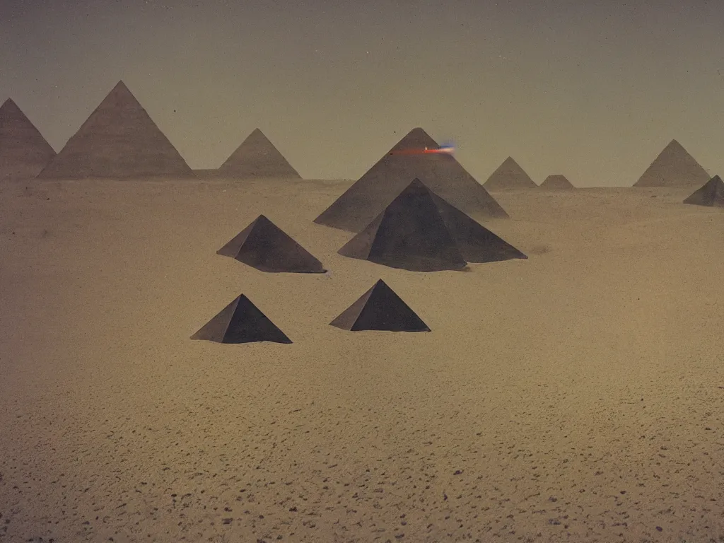 Image similar to autochrome of mechanical pyramid upside-down dust volumetrics desert in the style of Straylight Dune Villeneuve, grunge, saturation, over amplified